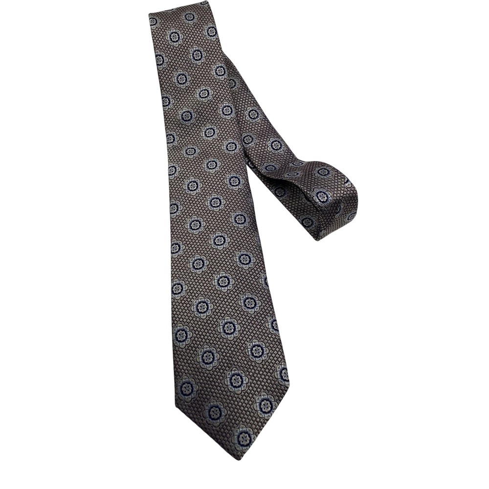 Tasso Elba Mens Silk Tie Brown Blue Geometric Floral Medallion Classic Necktie